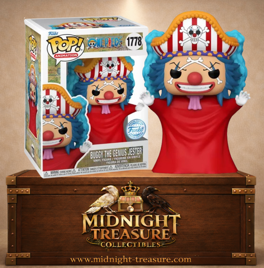 Funko Pop! Animation N°1778 – Buggy The Genius Jester – One Piece. Buggy en grande cape rouge et chapeau Cross Guild bras levés.