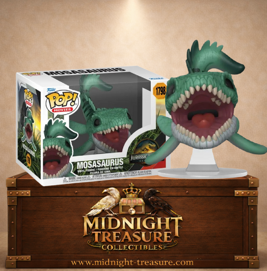 Funko Pop! Movies N°1798 – Mosasaurus – Jurassic World Rebirth. Figurine du reptile marin géant avec gueule ouverte et dents acérées.