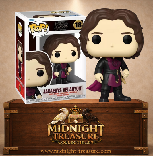 Funko Pop! N°18 – Jacaerys Velaryon de House of the Dragon Day of the Dragon, avec tenue noire et bordeaux ornée du dragon Targaryen.