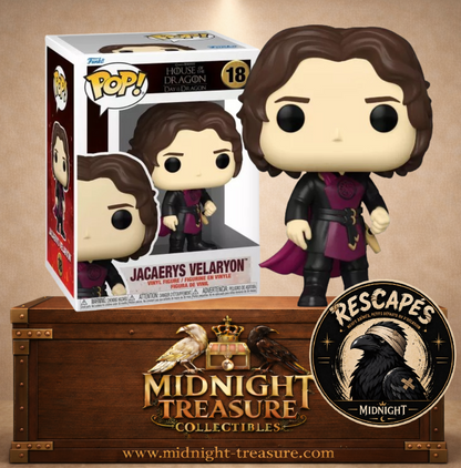 Funko Pop! N°18 – Jacaerys Velaryon de House of the Dragon Day of the Dragon, avec tenue noire et bordeaux ornée du dragon Targaryen.