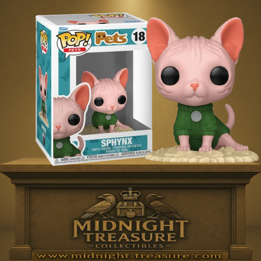 Funko Pop! Pets – Sphynx (N°18). Chat sans poils rose avec pull vert assis sur un coussin.