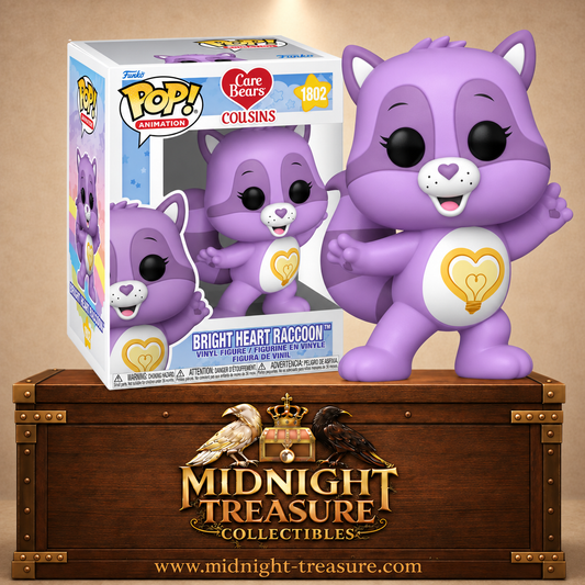 Funko Pop! Animation N°1802 Toumalin le Raton des Cousins des Bisounours, raton laveur violet avec ampoule jaune en forme de cœur.