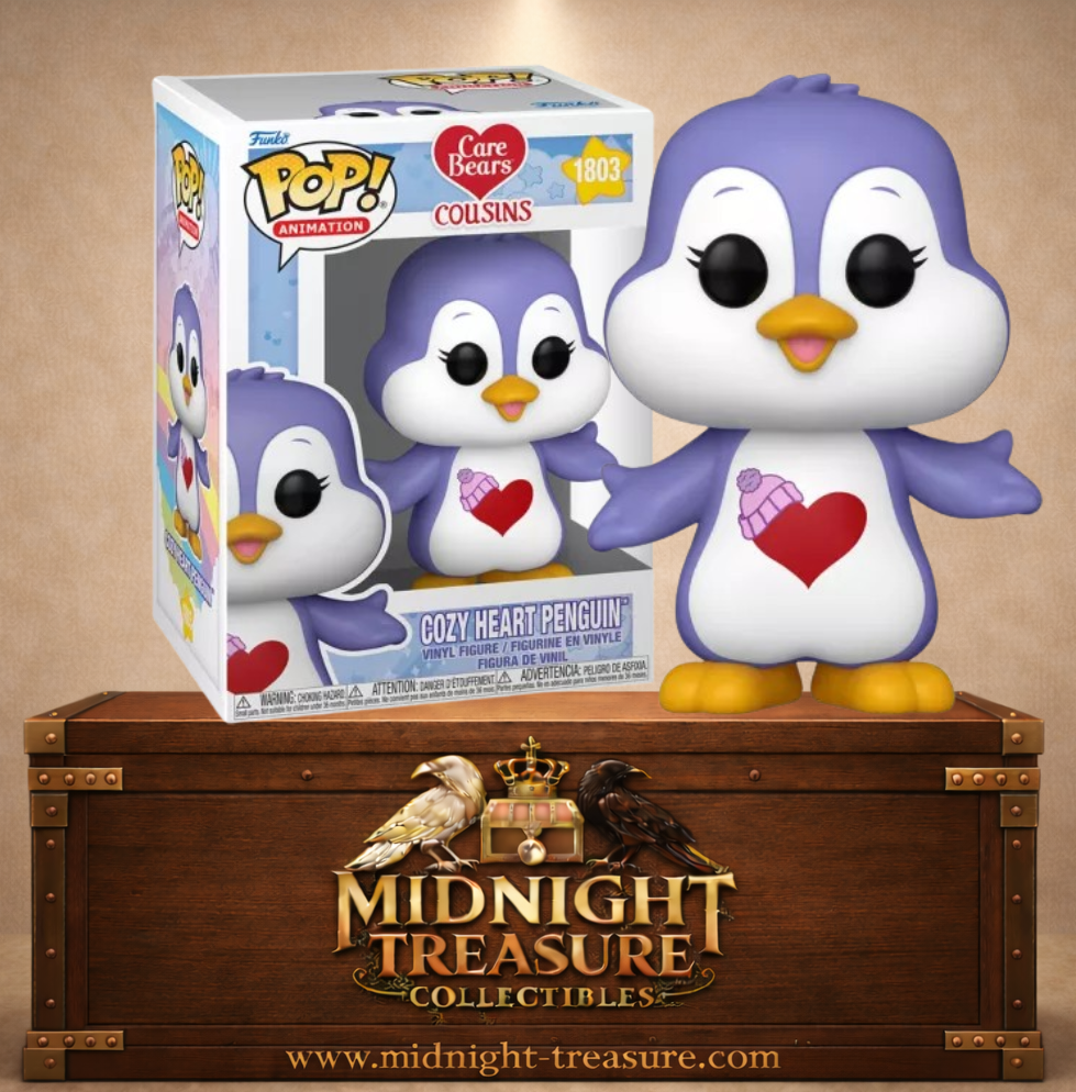 Funko Pop! Animation N°1803 – Pingouin Cœur Tendre – Bisounours. Figurine violette avec cœur et bonnet sur le ventre.