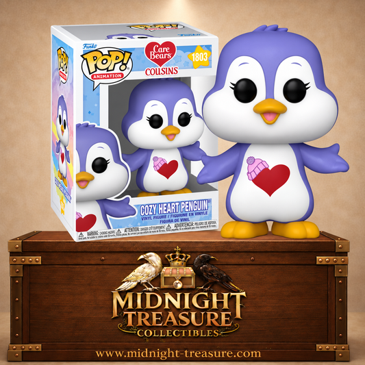 Funko Pop! Animation N°1803 Toucalin le Pingouin des Cousins Bisounours, pingouin violet avec cœur rouge et bonnet sur le ventre.