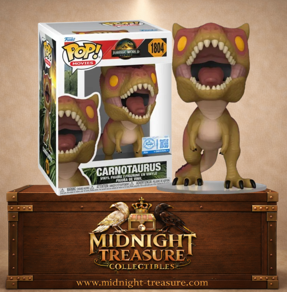 Funko Pop! Movies N°1804 – Carnotaurus (Carnotaure) – Jurassic World Rebirth. Figurine dinosaure gueule ouverte avec dents visibles.
