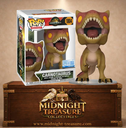 Funko Pop! Movies N°1804 – Carnotaurus (Carnotaure) – Jurassic World Rebirth. Figurine dinosaure gueule ouverte avec dents visibles.