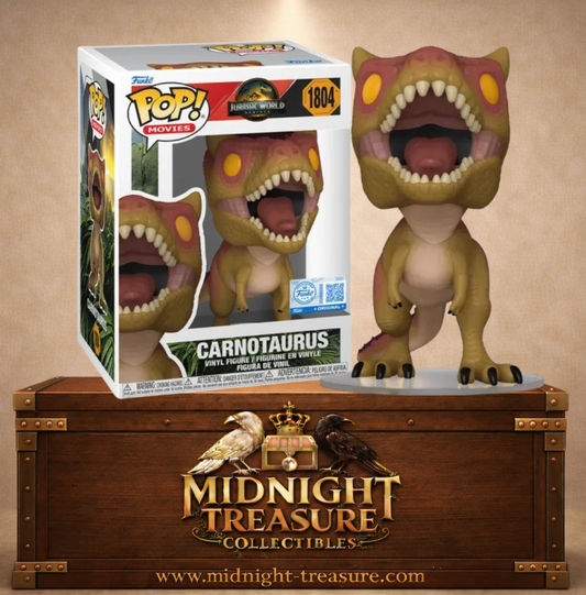 Funko Pop! Movies N°1804 – Carnotaurus (Carnotaure) – Jurassic World Rebirth. Figurine dinosaure gueule ouverte avec dents visibles.