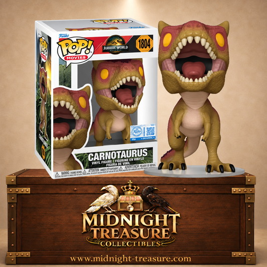 Funko Pop! Movies N°1804 Carnotaurus de Jurassic World Renaissance avec gueule ouverte, cornes et peau ocre rougeâtre.