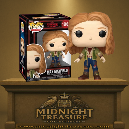 Funko Pop! Stranger Things – Max Mayfield (N°1805). Max avec veste kaki, pantalon bleu à patchs et expression déterminée, fidèle à la saison 5 de Stranger Things.