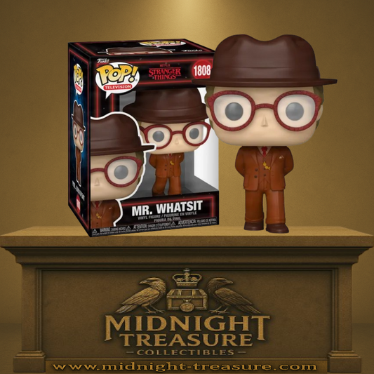 Funko Pop! Stranger Things – Mr. Whatsit (Mr Quiproquo) (N°1808). Personnage mystérieux en costume rétro brun avec chapeau et lunettes rondes, issu de la saison 5.