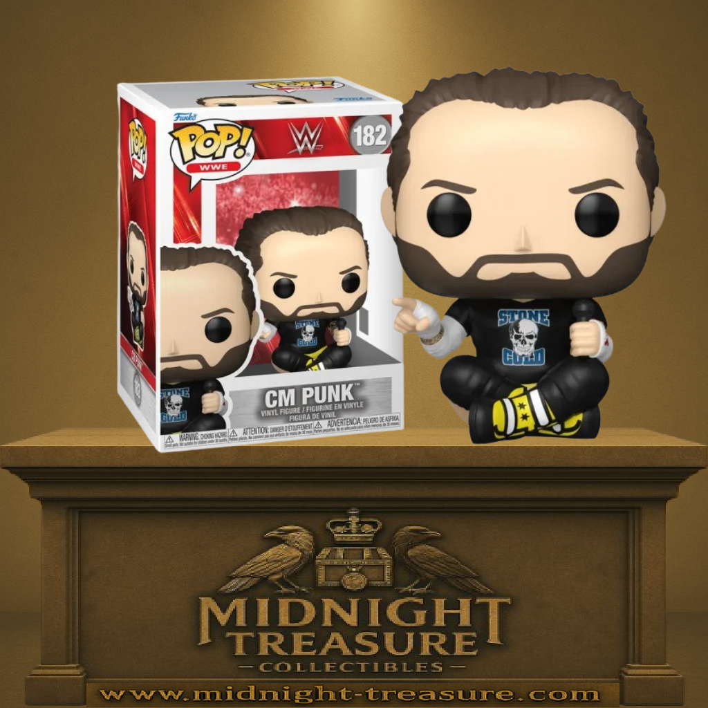 Funko Pop! WWE – CM Punk (N°182). CM Punk assis en tailleur avec micro, figurine Funko Pop inspirée de ses promos emblématiques.