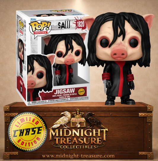 Funko Pop! N°1820 Jigsaw Chase de Saw avec Pig Mask (Masque de cochon), cheveux noirs, tenue noire et rouge et lame.