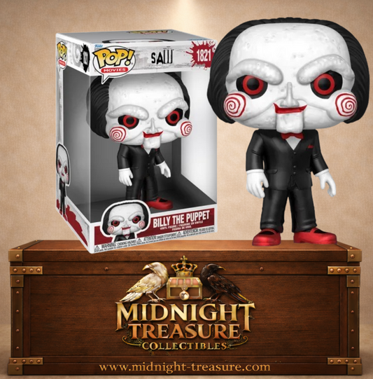 Funko Pop! Saw N°1821 – Billy the Puppet version 10 Inch de 25 cm avec costume noir et yeux rouges terrifiants.