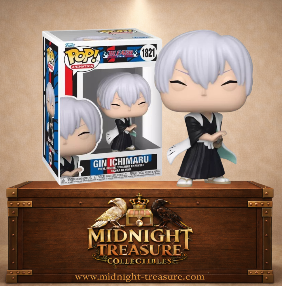 Funko Pop! Animation N°1821 Gin Ichimaru de Bleach avec cheveux argentés, tenue noire de Shinigami, haori blanc de capitaine et Zanpakutō Shinsō.