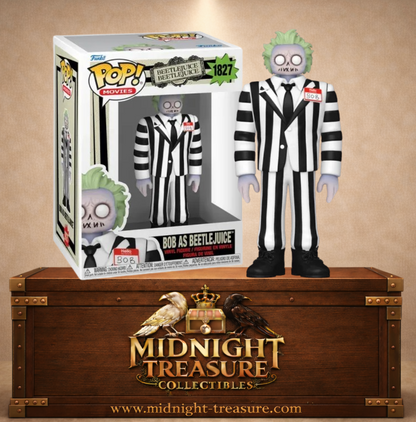 Funko Pop! Movies N°1827 – Bob as Beetlejuice portant le célèbre costume noir et blanc rayé inspiré du film Beetlejuice Beetlejuice.