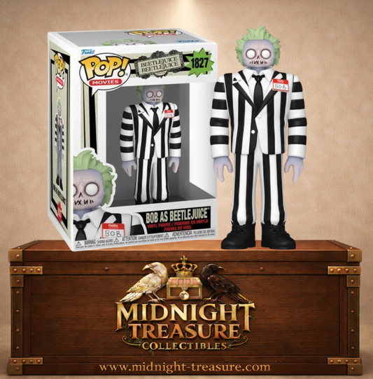 Funko Pop! Movies N°1827 – Bob as Beetlejuice portant le célèbre costume noir et blanc rayé inspiré du film Beetlejuice Beetlejuice.