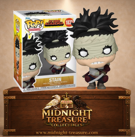 Funko Pop! Animation N°1832 – Stain – My Hero Academia. Figurine Stain accroupi avec katana et bandages sur le visage.