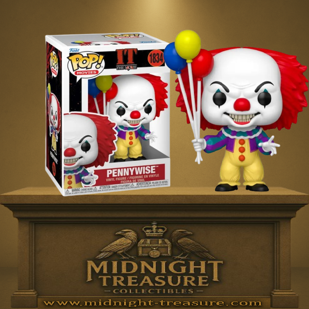 Funko Pop! IT (Ça) – Pennywise (Grippe-Sou) (N°1834). Clown maléfique tenant des ballons multicolores, sourire inquiétant et costume iconique du film d’horreur.