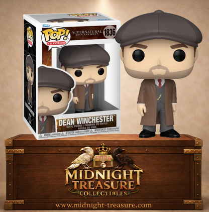 Funko Pop! N°1836 Dean Winchester possédé par Michael dans Supernatural, avec costume trois-pièces, manteau brun, casquette et montre à gousset.