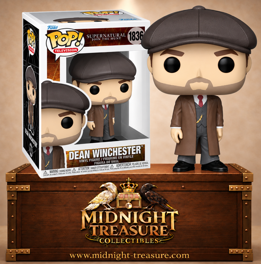 Funko Pop! N°1836 Dean Winchester possédé par Michael dans Supernatural, avec costume trois-pièces, manteau brun, casquette et montre à gousset.