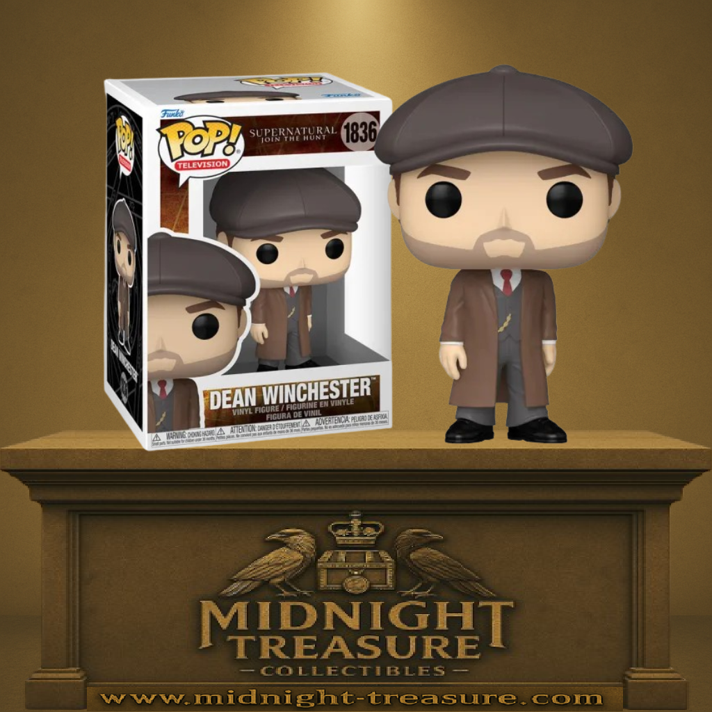 Funko Pop! Supernatural – Dean Winchester (N°1836). Chasseur emblématique en manteau marron et casquette plate, version élégante issue de la série.