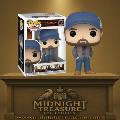Funko Pop! Supernatural – Bobby Singer (N°1838). Chasseur emblématique avec casquette bleue, barbe et tenue décontractée, mentor de Sam et Dean Winchester.