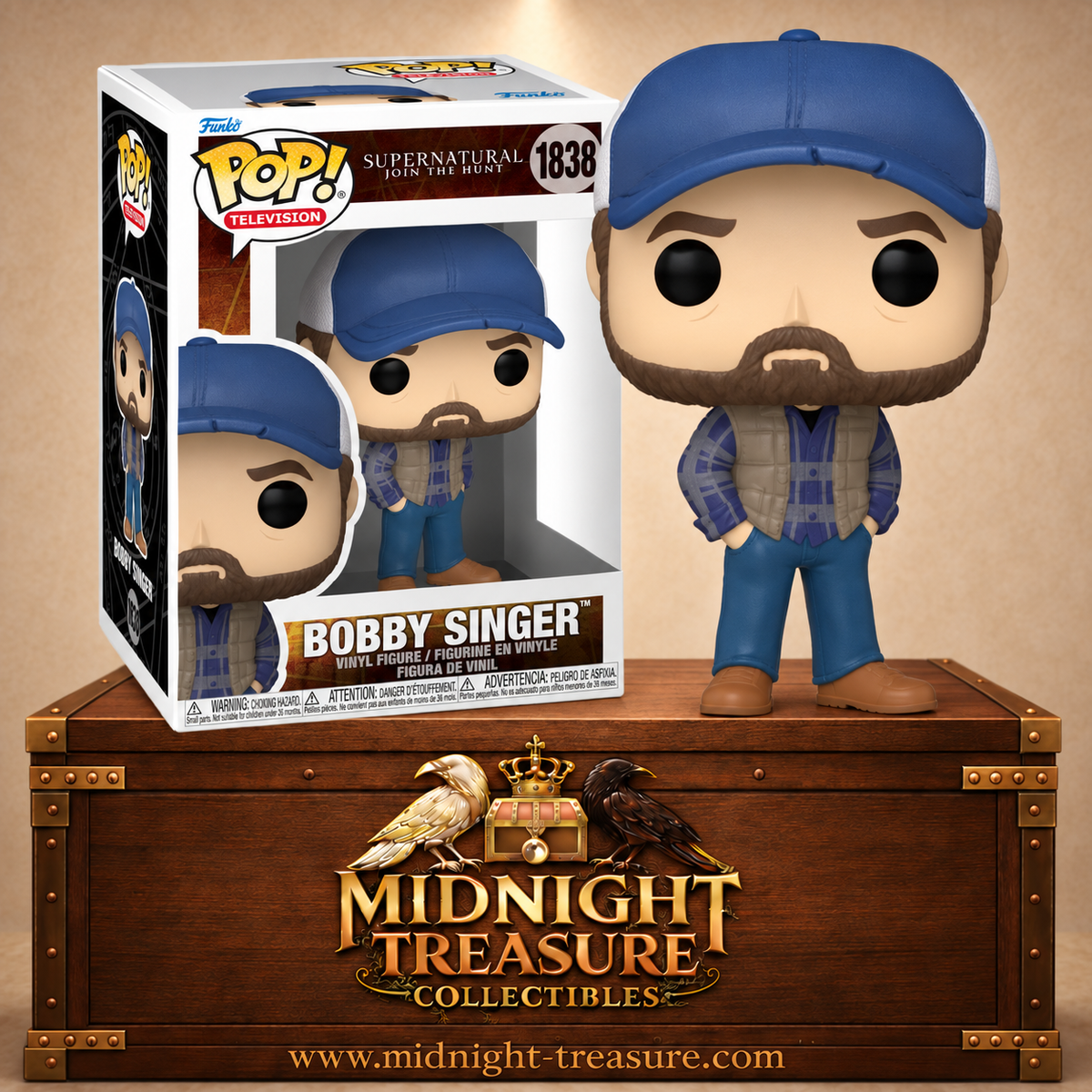 Funko Pop! Television N°1838 Bobby Singer de Supernatural avec casquette bleue, barbe, chemise à carreaux et veste brune.