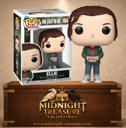 Funko Pop! Television N°1844 – Ellie – The Last of Us. Figurine avec veste verte tenant un objet récupéré.