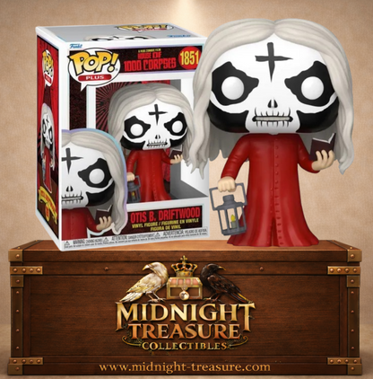 Funko Pop! Plus N°1851 Otis B. Driftwood La Maison des 1000 morts avec maquillage de crâne, robe rouge, lanterne et livre noir.