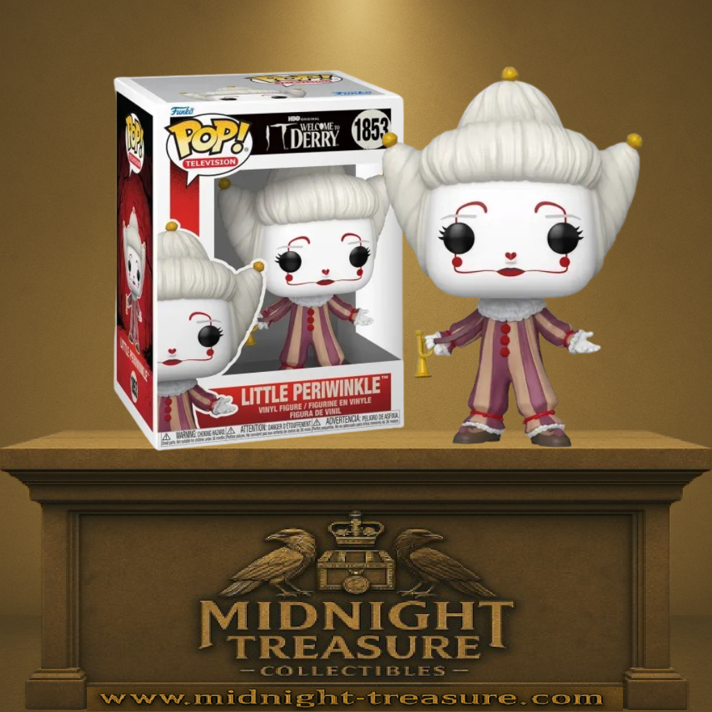 Funko Pop! IT: Welcome to Derry – Little Periwinkle (N°1853). Clown vintage au maquillage pâle, costume rayé et trompette dorée.