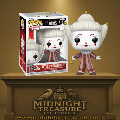 Funko Pop! IT: Welcome to Derry – Little Periwinkle (N°1853). Clown vintage au maquillage pâle, costume rayé et trompette dorée.