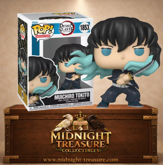 Funko Pop! Demon Slayer N°1853 – Muichiro Tokito avec katana et cheveux aux pointes turquoise. Une figurine fidèle parfaite pour les fans de Demon Slayer.