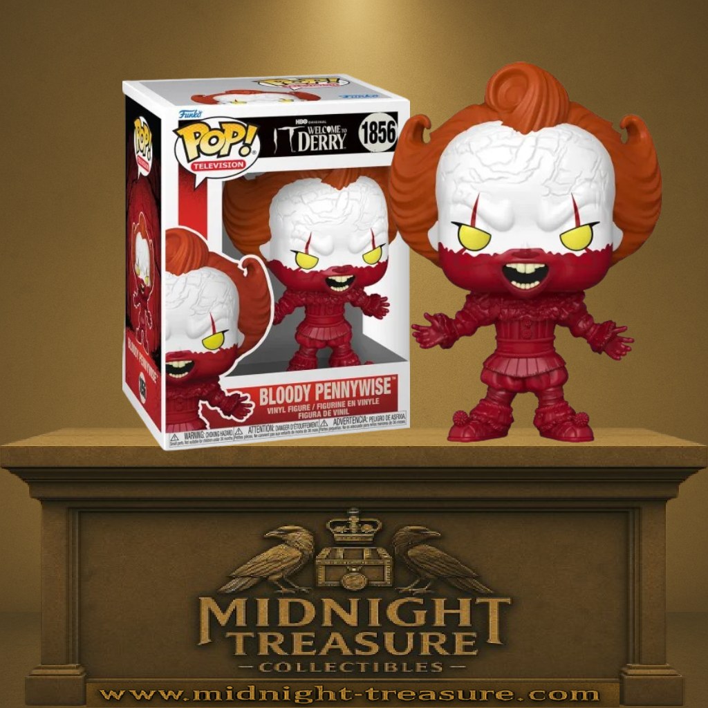 Funko Pop! IT Welcome to Derry – Bloody Pennywise (N°1856). Pennywise ensanglanté avec visage blanc, yeux jaunes et costume de clown maculé de sang, figurine Funko Pop Television.