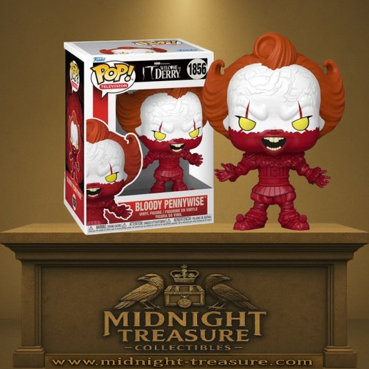 Funko Pop! IT Welcome to Derry – Bloody Pennywise (N°1856). Pennywise ensanglanté avec visage blanc, yeux jaunes et costume de clown maculé de sang, figurine Funko Pop Television.