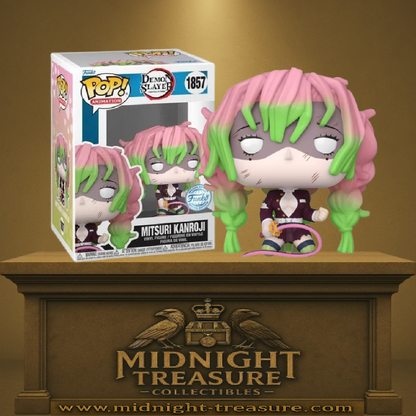 Funko Pop! Demon Slayer – Mitsuri Kanroji Damaged (N°1857). Figurine de la Pilier de l’Amour blessée, cheveux roses et verts, tenue endommagée, inspirée de l’arc du Village des Forgerons.