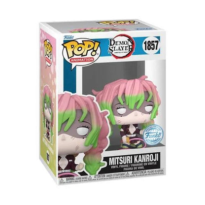 Funko Pop! Demon Slayer – Mitsuri Kanroji Damaged (N°1857). Figurine de la Pilier de l’Amour blessée, cheveux roses et verts, tenue endommagée, inspirée de l’arc du Village des Forgerons.