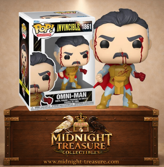 Funko Pop! Invincible N°1861 – Omni-Man version ensanglantée avec costume Viltrumite couvert de sang. Une figurine fidèle parfaite pour les fans d’Invincible.