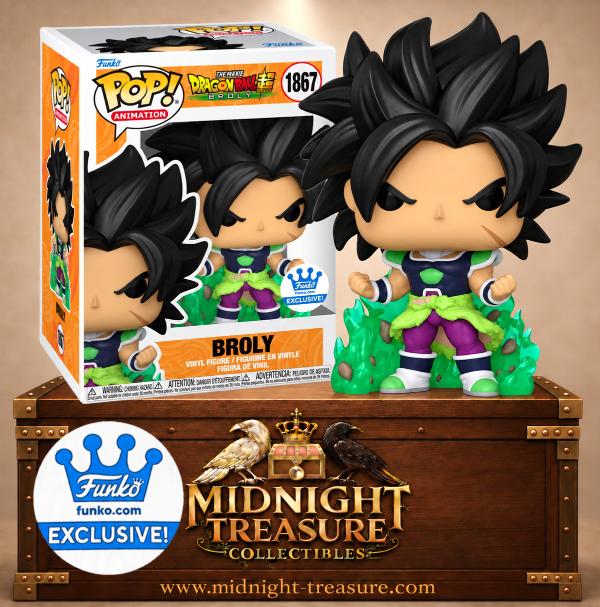 Funko Pop! Animation N°1867 Broly enragé de Dragon Ball Super avec armure de combat, fourrure verte et aura d’énergie verte translucide.

