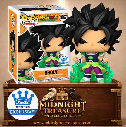 Funko Pop! Animation N°1867 Broly enragé de Dragon Ball Super avec armure de combat, fourrure verte et aura d’énergie verte translucide.

