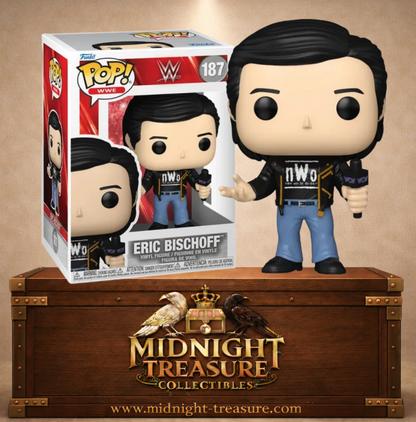Funko Pop! WWE N°187 – Eric Bischoff – nWo. Figurine avec micro WCW et tenue noire.