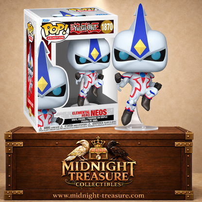 Funko Pop! Animation N°1870 Néos HÉROS Élémentaire de Yu-Gi-Oh! GX dans une pose dynamique avec son armure blanche, rouge et bleue.