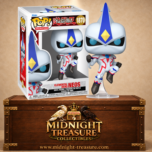 Funko Pop! Animation N°1870 Néos HÉROS Élémentaire de Yu-Gi-Oh! GX dans une pose dynamique avec son armure blanche, rouge et bleue.