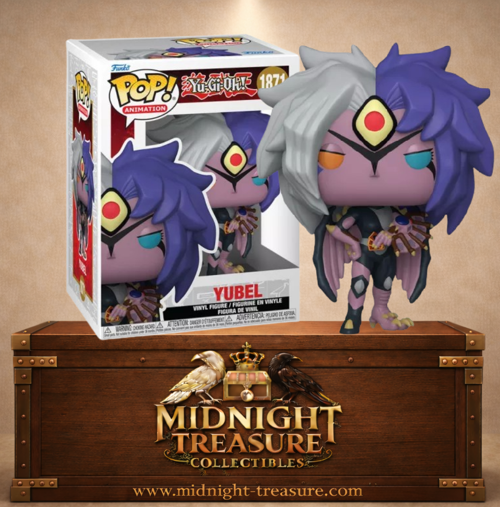 Funko Pop! Animation N°1871 – Yubel – Yu-Gi-Oh!. Figurine avec design asymétrique, cheveux blancs et violets, ailes et regard dépareillé.