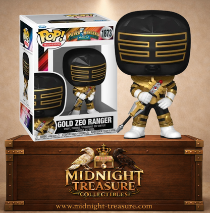 Funko Pop! Television N°1873 – Gold Zeo Ranger (Ranger Zeo Doré) de Power Rangers Zeo avec son costume noir et or et son Golden Power Staff.