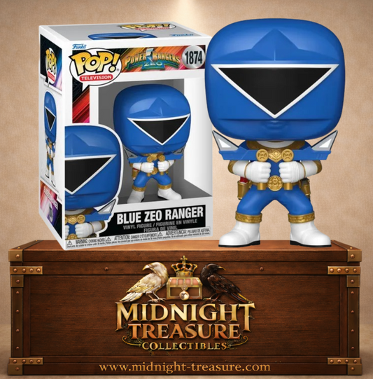 Funko Pop! Television N°1874 – Blue Zeo Ranger (Ranger Zeo Bleu), Rocky DeSantos de Power Rangers Zeo avec son costume bleu, blanc et or et ses armes.