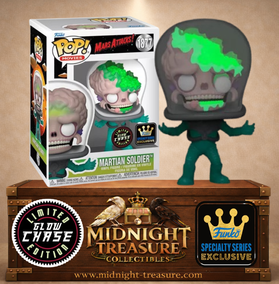 Funko Pop! N°1877 Martian Soldier Chase Glow in the Dark de Mars Attacks avec cerveau exposé et substance verte fluorescente.