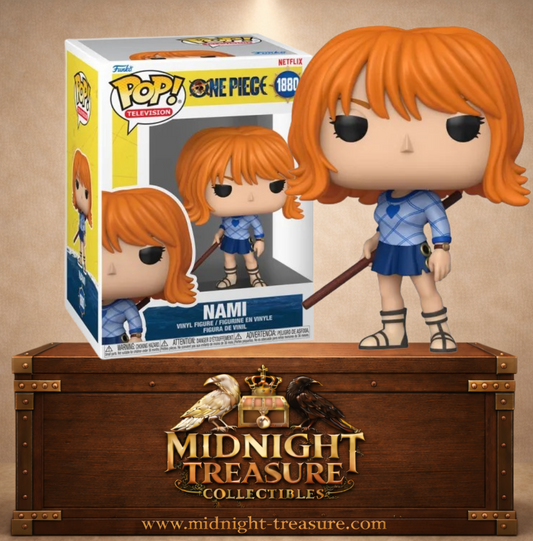 Funko Pop! Television N°1880 – Nami – One Piece Netflix. Figurine avec tenue bleue de la série live-action et bâton dans le dos.