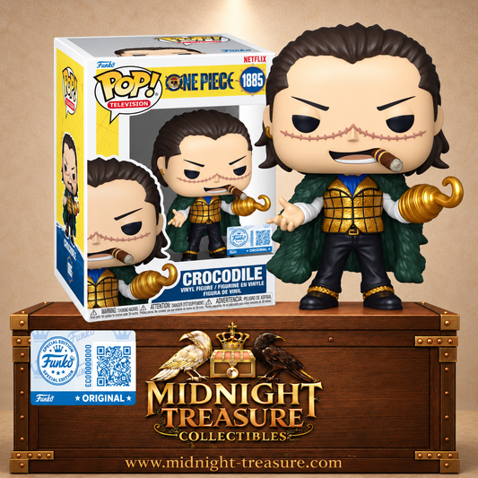 Funko Pop! Television N°1885 Crocodile de la série Netflix One Piece avec crochet doré, cigare, cicatrice et manteau vert.