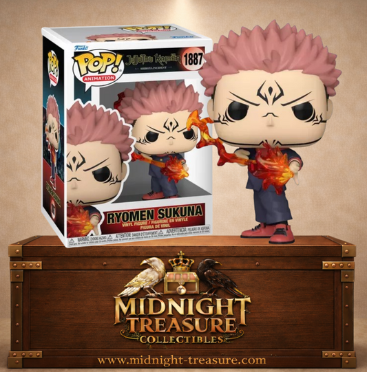 Funko Pop! Sukuna Fire Arrow Jujutsu Kaisen combat contre Jogo avec attaque de feu.