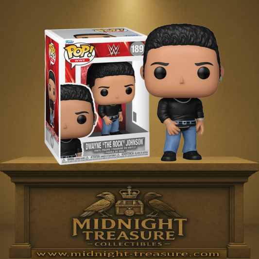 Funko Pop! WWE – Dwayne “The Rock” Johnson (N°189). Figurine inspirée du look iconique de The Rock jeune, avec t-shirt noir et chaîne.